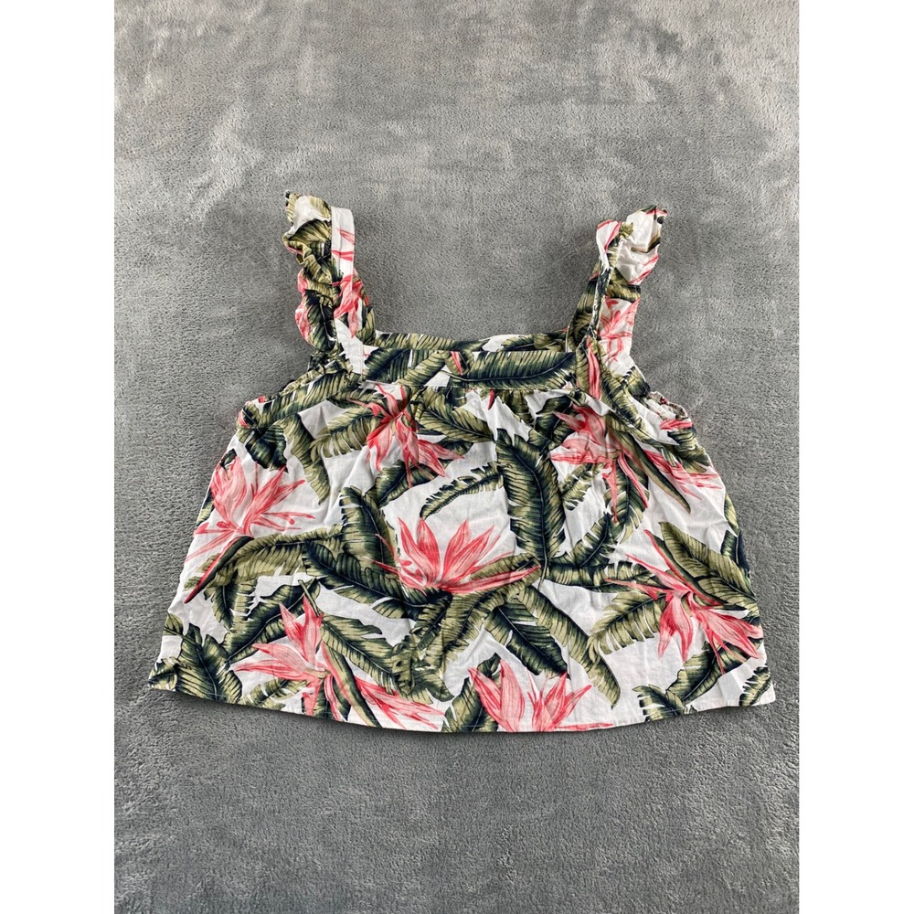 LOFT Womens Small‎ Tropical Bird of Paradise Linen Blend Ruffle Strap Tank Top